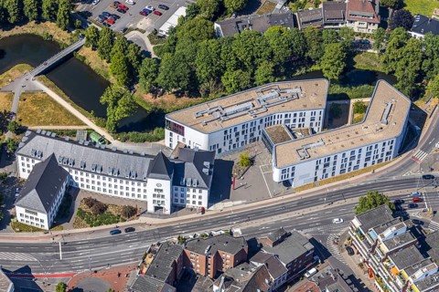 Aerial view, town hall Mörs, Stadtgraben, Unterwallstraße, Mörs, Ruhr area, North Rhine-Westphalia,