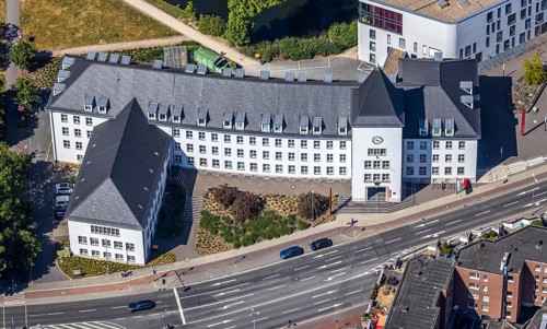 Aerial view, town hall Mörs, Stadtgraben, Unterwallstraße, Mörs, Ruhr area, North Rhine-Westphalia,