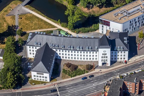 Aerial view, town hall Mörs, Stadtgraben, Unterwallstraße, Mörs, Ruhr area, North Rhine-Westphalia,