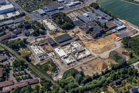 Aerial photo, Berufskolleg für Technik Mörs, construction site of new school building, vocational