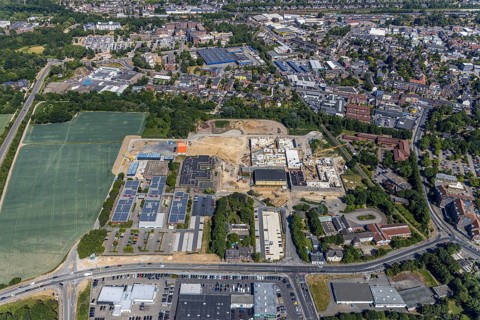 Aerial photo, Berufskolleg für Technik Mörs, construction site of new school building, vocational