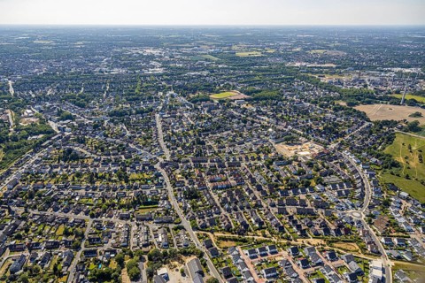 Aerial view, overview Meerbeck, Mörs, Ruhr area, North Rhine-Westphalia, Germany, DE, Europe,