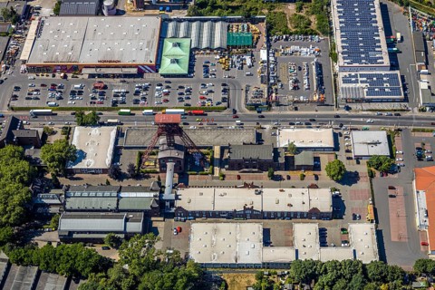 Aerial view, Former Rheinpreußen colliery, Franz-Haniel-Straße industrial estate, Hornbach DIY