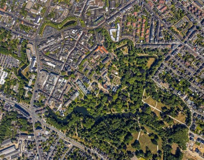 Aerial view, overview centre, structure Dutch model fortification, jagged ring of ramparts,