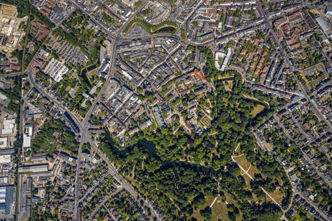 Aerial view, overview centre, structure Dutch model fortification, jagged ring of ramparts,