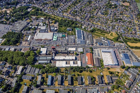 Aerial view, Former Rheinpreußen colliery, Franz-Haniel-Straße industrial estate, Hornbach DIY