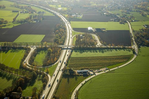 Aerial view, motorway A57, junction Moers-Kapellen, Kapellen-Achterathsheide, Mörs, Ruhr area,