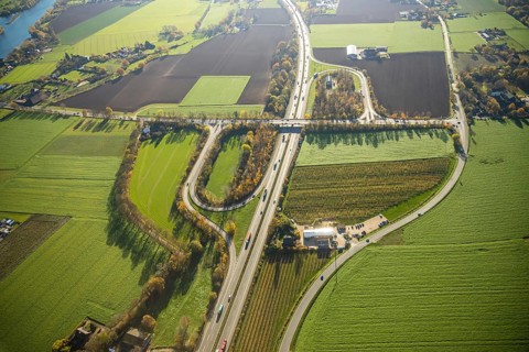 Aerial view, motorway A57, junction Moers-Kapellen, Kapellen-Achterathsheide, Mörs, Ruhr area,