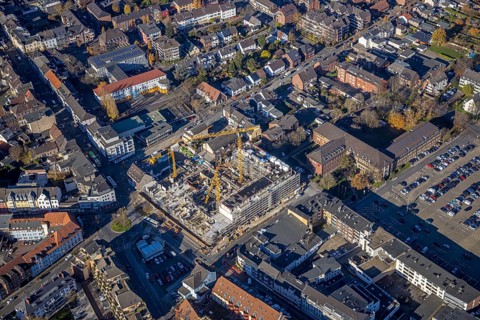 Aerial view, construction site new building Homberger Höfe, flats and commercial areas, formerly