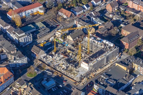 Aerial view, construction site new building Homberger Höfe, flats and commercial areas, formerly
