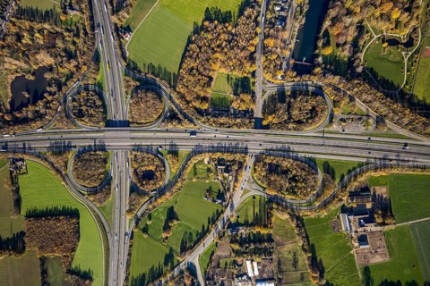 Aerial view, motorway junction Mörs, A40, A57, Moers-Hülsdonk, Mörs, Ruhr area, North