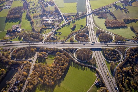 Aerial view, motorway junction Mörs, A40, A57, Moers-Hülsdonk, Mörs, Ruhr area, North