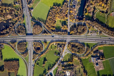Aerial view, motorway junction Mörs, A40, A57, Moers-Hülsdonk, Mörs, Ruhr area, North