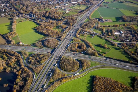 Aerial view, motorway junction Mörs, A40, A57, Moers-Hülsdonk, Mörs, Ruhr area, North