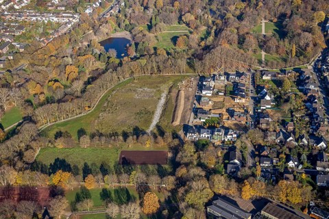 Aerial view, construction site new building An den Filder Benden, palace gardens Mörs, municipal