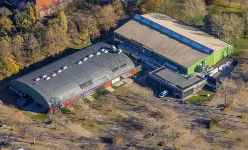 Aerial view, ENNI Eiswelt Eissporthalle, ENNI Eventhalle, Moers-Vinn, Mörs, Ruhr area, North