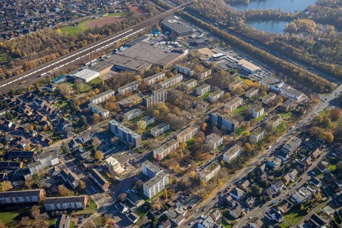 Aerial view, residential area Dresdener Ring, EDEKA Handelsgesellschaft Rhein-Ruhr, Chemnitzer