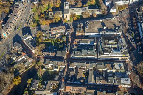 Aerial view, shopping centre Niederstraße, Altstadt, Mörs, Ruhr area, North Rhine-Westphalia,