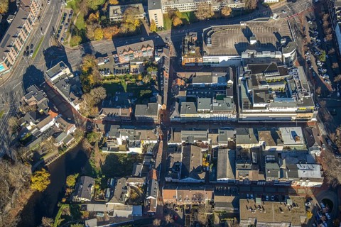 Aerial view, shopping centre Niederstraße, Altstadt, Mörs, Ruhr area, North Rhine-Westphalia,