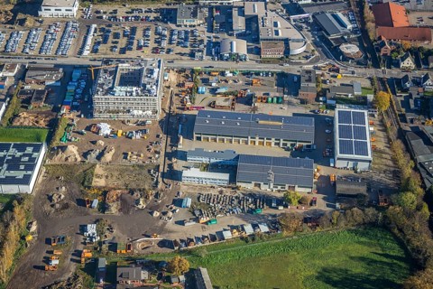 Aerial view, construction site, new building, industrial estate Hülsdonk, Am Jostenhof,