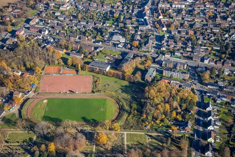 Aerial view, sports field Rheinpreußenstadion, Rheinkamp-Meerbeck, Mörs, Ruhr area, North
