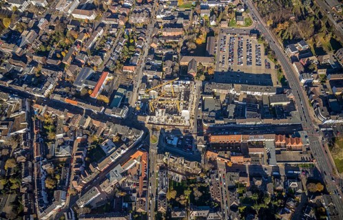 Aerial view, construction site new building Homberger Höfe, flats and commercial areas, formerly