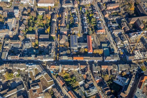 Aerial view, city centre view, roundabout Homberger Straße to Neuer Wall, Königlicher Hof, Mörs,