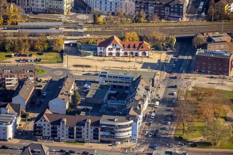 Aerial view, Mörs station, Homberger Straße to Klever Straße, Mörs, Ruhr area, North