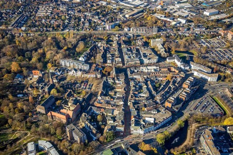 Aerial view, Old Town, Wall Centre, Mörs Town Hall, Protestant Town Church, house facades