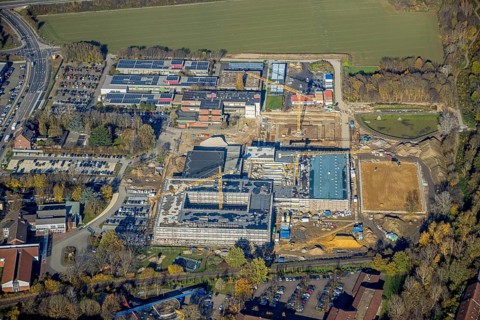 Aerial view, construction site, new school building, vocational college campus for technology Mörs,