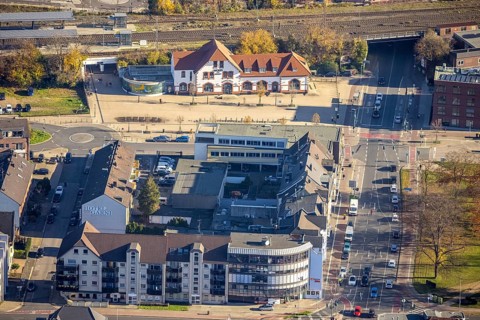 Aerial view, Mörs station, Homberger Straße to Klever Straße, Mörs, Ruhr area, North
