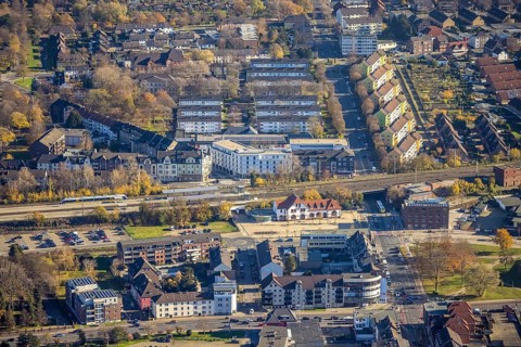 Aerial view, Mörs railway station, Homberger Straße to Klever Straße, Mörs residential and care