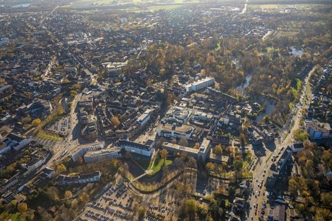 Aerial view, Old Town, Wall Centre, Mörs Town Hall, Evangelical Town Church, District Court, Mörs,