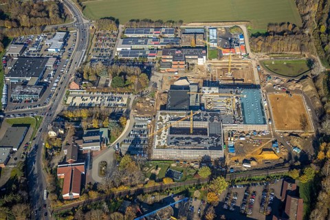 Aerial view, construction site, new school building, vocational college campus for technology Mörs,