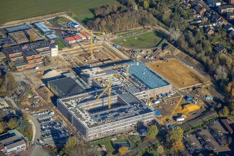 Aerial view, construction site, new school building, vocational college campus for technology Mörs,