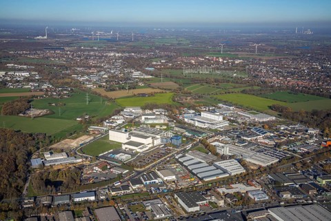 Aerial view, industrial estate HuÌˆlsdonk-Nord, Moers-Hülsdonk, Mörs, Ruhr area, North