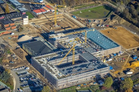 Aerial view, construction site, new school building, vocational college campus for technology Mörs,