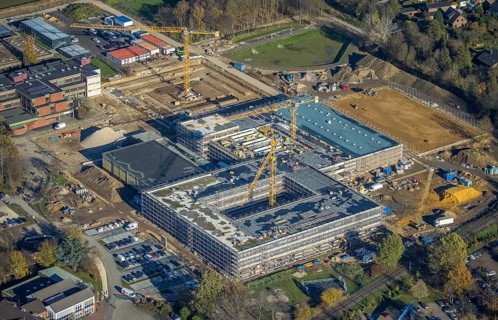 Aerial view, construction site, new school building, vocational college campus for technology Mörs,