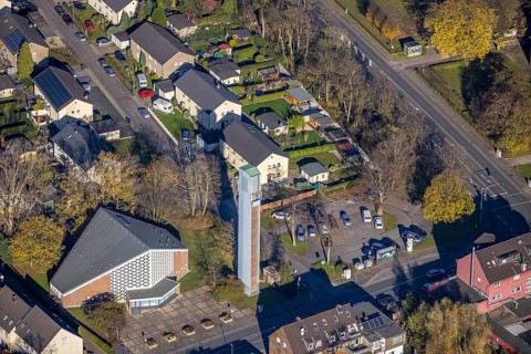 Aerial view, protestant church Meerbeck, Rheinkamp-Meerbeck, Mörs, Ruhr area, North