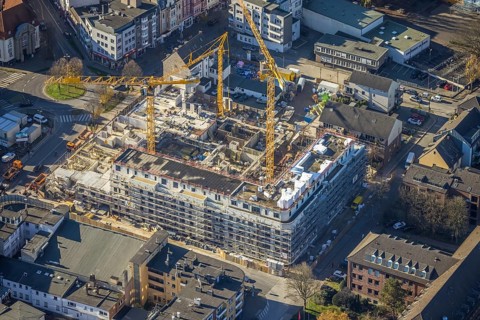 Aerial view, construction site new building Homberger Höfe, flats and commercial areas, formerly