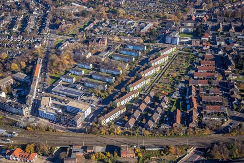 Aerial view, residential and care centre Mörs, housing estate Homberger Straße, Tannenbergstraße,