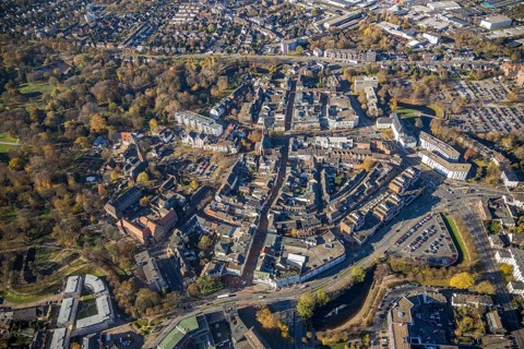 Aerial view, Old Town, Wall Centre, Mörs Town Hall, Protestant Town Church, house facades