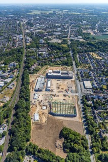 Aerial view, new building EDEKA administration building food retail beverage market, car park,