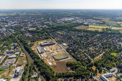 Aerial view, new building EDEKA administration building food retail beverage market, car park,