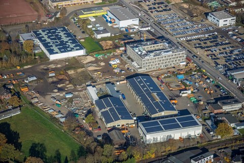 Aerial view, construction site, new building, industrial estate Hülsdonk, Am Jostenhof,