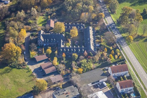 Aerial view, Wohnhof Ueltgesforthof, Zum Ueltgesforthof, Moers-Hülsdonk, Mörs, Ruhr area, North