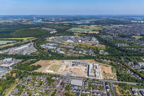 Aerial view, new building EDEKA administration building food retail beverage market, car park,