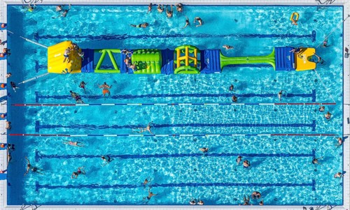 Aerial view, adventure pool, Aqua Spa and Aqua Fun Soest, outdoor pool, bathers, Soest, Soester
