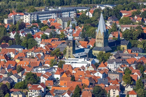 Aerial view, overview of Soest city centre with St. Patrokli Cathedral, St. Maria zur Wiese, St.