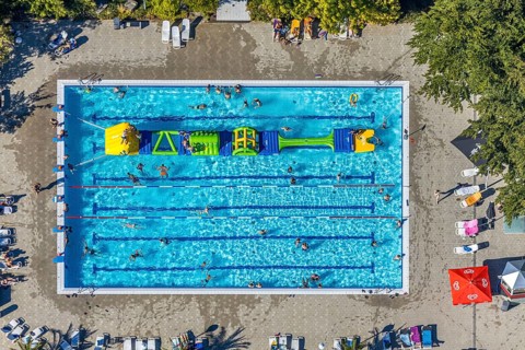 Aerial view, adventure pool, Aqua Spa and Aqua Fun Soest, outdoor pool, bathers, Soest, Soester